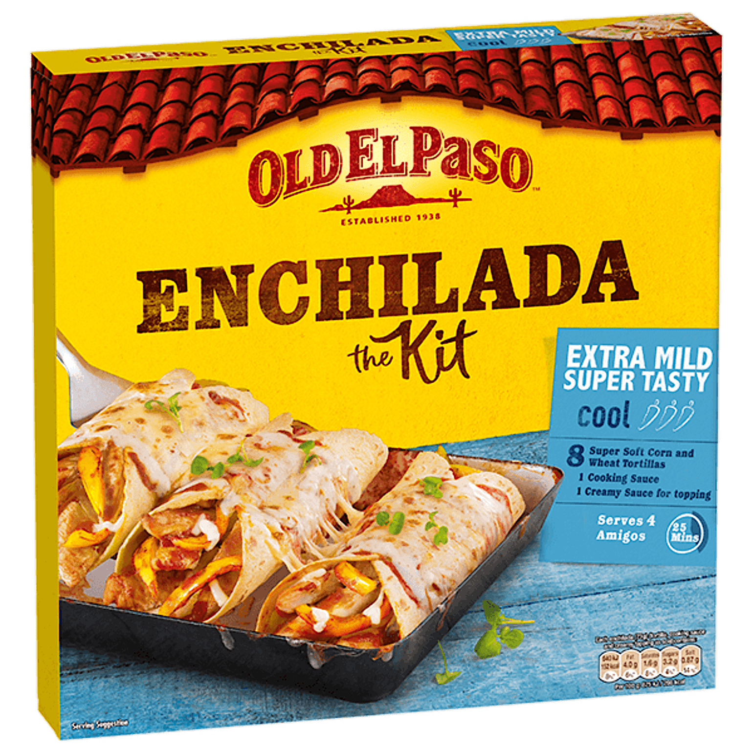 pack of Old El Paso's extra mild super tasty Enchilada kit containing super soft corn & wheat tortillas, cooking sauce & creamy sauce (585g)